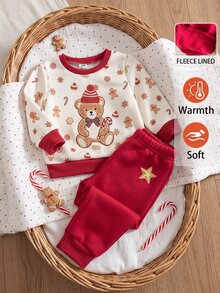 SHEIN 2件組幼童女童運動衫+運動長褲套裝，可愛紅白色泰迪熊薑餅人印花，長袖圓領，派對冬季秋季節日穿搭 - 紅色 - 查看 5