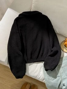 SHEIN 青少年女孩秋冬款柔軟舒適抓絨黑色翻領短版休閒夾克，優雅酷感街頭風運動騎行拉鍊外套，百搭開學季夾克 - 黑色 - 查看 4