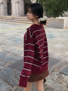 DAZY Women's Colorblock Striped Loose Fit Lapel Long Sleeve Casual Street Vacation Spring Autumn Winter Pullover Knit Sweater - Red - View 2
