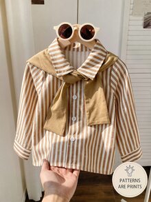 Baby Boy Gentleman Striped Pony Print Collared Preppy Shirt And Shawl 2 Pieces Set, Suitable For Winter - Khaki - View 7