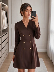 Easowa Women's Double-Breasted Long Sleeve Short Dress - Brown - View 5