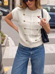 Flora Isola Flora Isola Women's Vintage Casual Button-Front Sleeveless Round Neck Knit Top - White - View 4