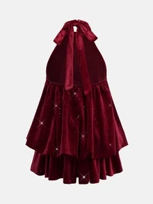 Firerie Kids Tween女孩亮面酒紅天鵝絨掛脖蝴蝶結蛋糕裙 公主禮服 派對晚宴正式場合 秋冬新款 - 酒紅色 - 查看 2