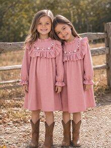 Emery Rose Kids Emery Rose Kids 女童編織素色花卉圖案荷葉邊休閒洋裝 - 藕粉色 - 查看 5