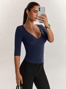 SHEIN BAE 女款柔軟舒適羊絨長袖上衣，適合日常外出、返校穿搭、通勤與辦公室穿著 - 藏蓝色 - 查看 5