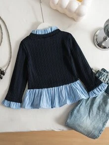 SHEIN 女童韓系簡約蝴蝶結刺繡灰色針織提花布拼接藍色條紋長袖T恤上衣秋季 - 藏蓝色 - 查看 2