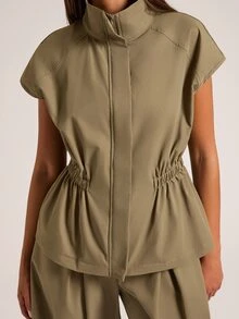 SHEIN BAE Jaket Trench Coat Wanita Warna Polos Serbaguna Kasual dengan Resleting Depan Terbuka dan Pinggang Elastis Tanpa Lengan - Hijau Tentara - View 7