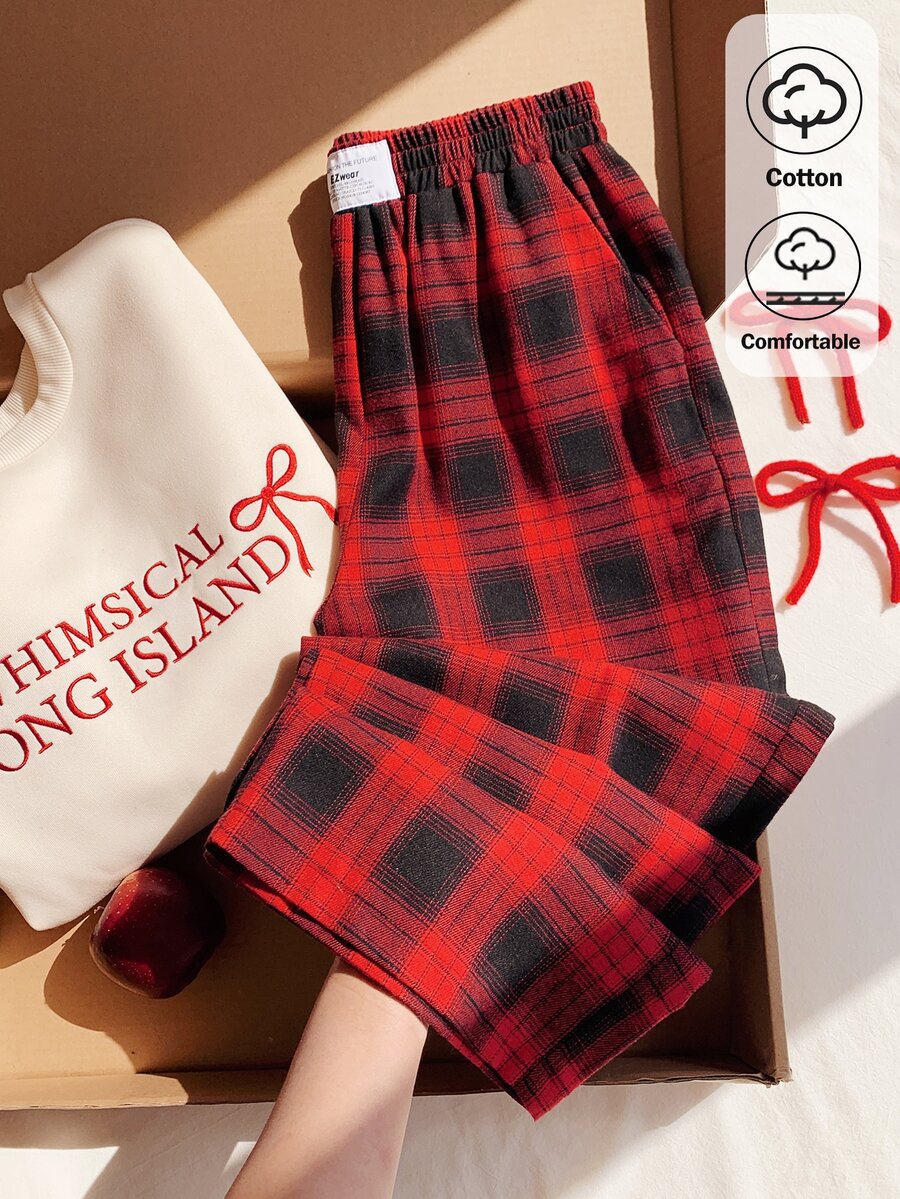 Comfortcana Spring/Summer Loose Casual Vacation Patch Straight Leg Long Pants - Red - View 1
