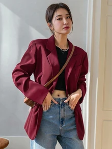 DAZY 女款純色翻領長袖商務休閒西裝外套 - 酒紅色 - 查看 4