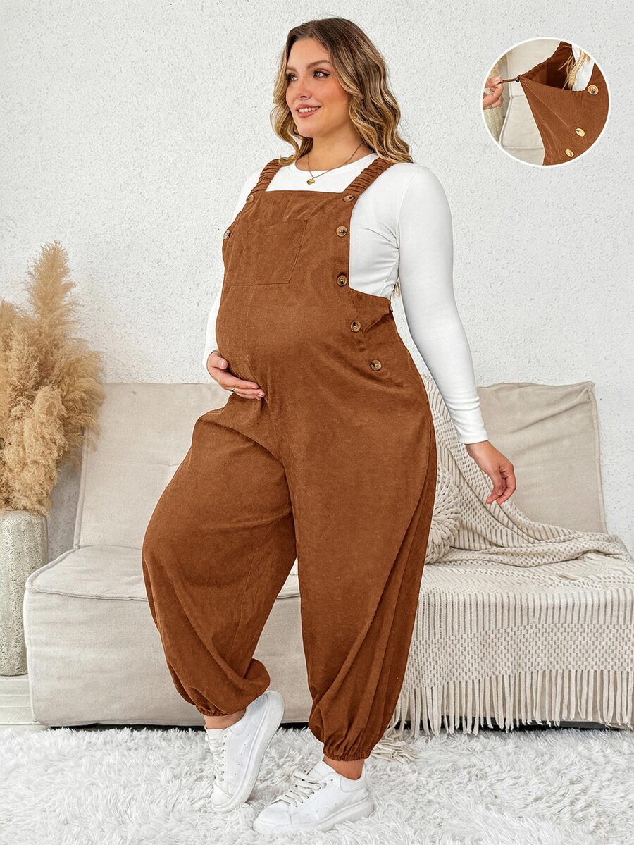 Plussiva بنطلون أوفرول طويل كاجوال يومي بلون موحد للحوامل مقاس كبير - بني فاتح - مشاهدة 1