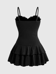 ROMWE Cross Y2K Ruched Cake Skirt Spaghetti Strap Plus Size Women Gothic Slip Dress - Black - View 3