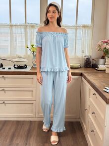 Snug Reverie Fresh Light Blue Off-Shoulder Cold Shoulder Ruffle Short Sleeve Long Pants Women's Pajama Set - Blue - View 6