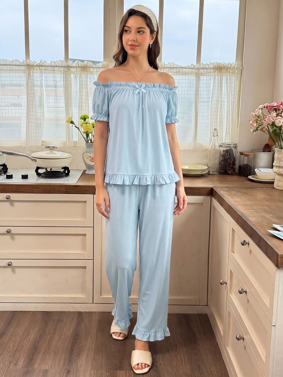 Snug Reverie Fresh Light Blue Off-Shoulder Cold Shoulder Ruffle Short Sleeve Long Pants Women's Pajama Set - Blue - View 1