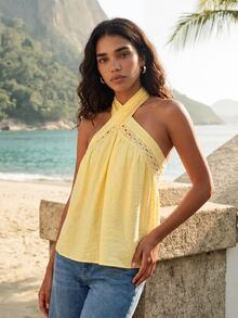 CAJUNI Women's Pleated Casual Versatile Daily Wear Halter Neck Top - Yellow - View 4