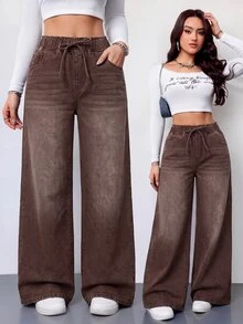 SHEIN Tall 女款抽繩腰休閒日常牛仔褲 - 棕色 - 查看 1