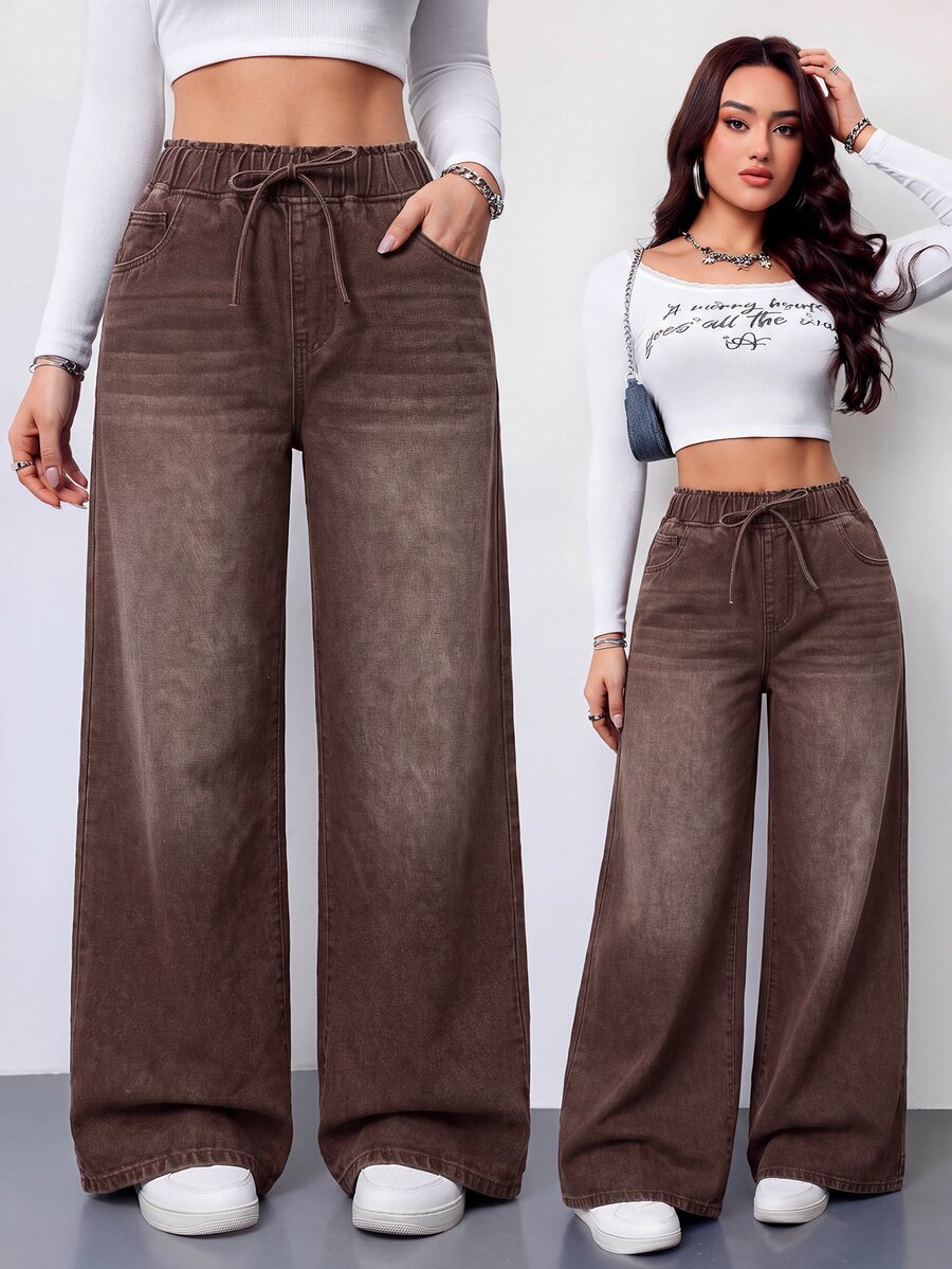 SHEIN Tall 女款抽繩腰休閒日常牛仔褲 - 棕色 - 查看 1