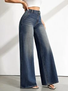 SHEIN Tall جينز نسائي فضفاض متعدد الاستخدامات بأزرار وجيوب - أزرق متوسط - مشاهدة 6