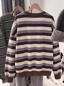 SHEIN EZwear 秋冬新款彩色條紋學院風基礎圓領長袖女款套頭運動衫，適合日常通勤、約會、聚會、秋冬、夏季、派對、婚禮、海灘、畢業典禮等場合，優雅休閒，適合出遊、Y2K風格、音樂節等場景 - 彩色 - 查看 2