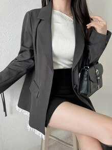 FRIFUL Women's Single-Breasted Long Sleeve Elegant Casual Jacket Office Formal Grey Autumn - Grey - View 7