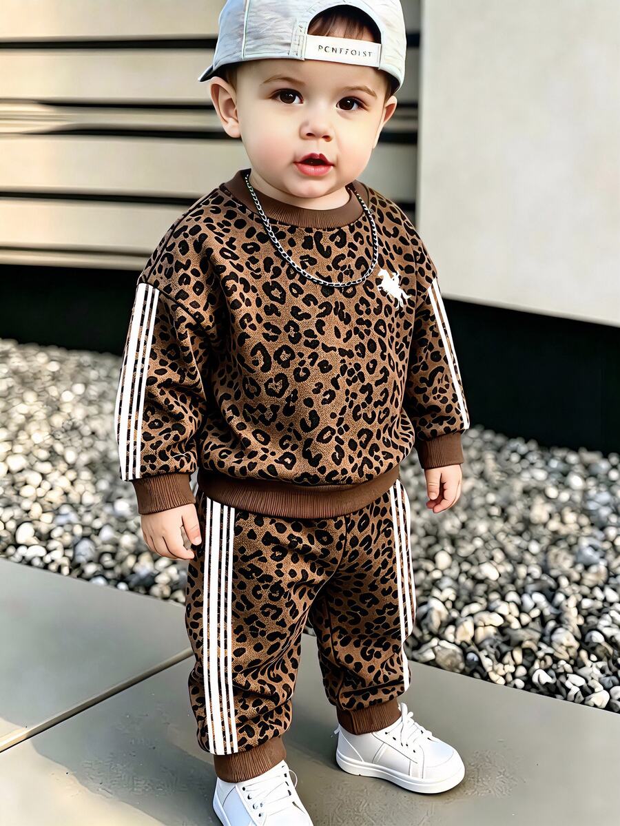 2pcs Baby Boys Leopard Print Pattern Crew Neck Fleece Long Sleeve Sweatshirt And Matching Fleece Long Pants Sweatpants Set, Suitable For Autumn/Winter - Multicolor - View 1
