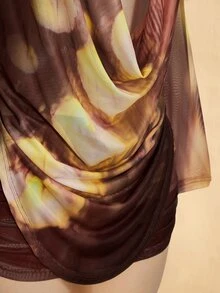 SHEIN ICON 大尺碼 Y2K 性感魅力復古套裝，復古豹紋花卉網紗，抹胸上衣、抽繩裙、罩衫 3 件組，海灘俱樂部，秋季棕色 - 棕色 - 查看 9