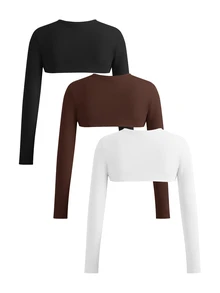 SHEIN Cheerettes 女款 3 件組長袖短版上衣 黑色 棕色 白色 圓領罩衫 修身彈性 分層穿搭 運動瑜伽皮拉提健身休閒 秋冬款 - 彩色 - 查看 4