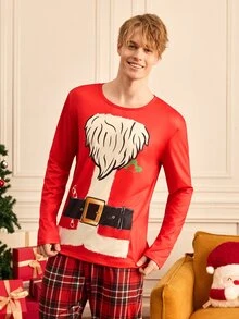 Notgurli Christmas Themed Print Men's Loungewear Top - Red - View 4