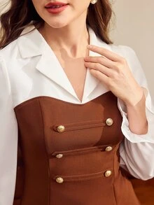 Vintamour Women's Lapel Contrast Color Patchwork Napoleon Style Double-Breasted Waist-Cinched Slimming Long Sleeve Top - Brown - View 1