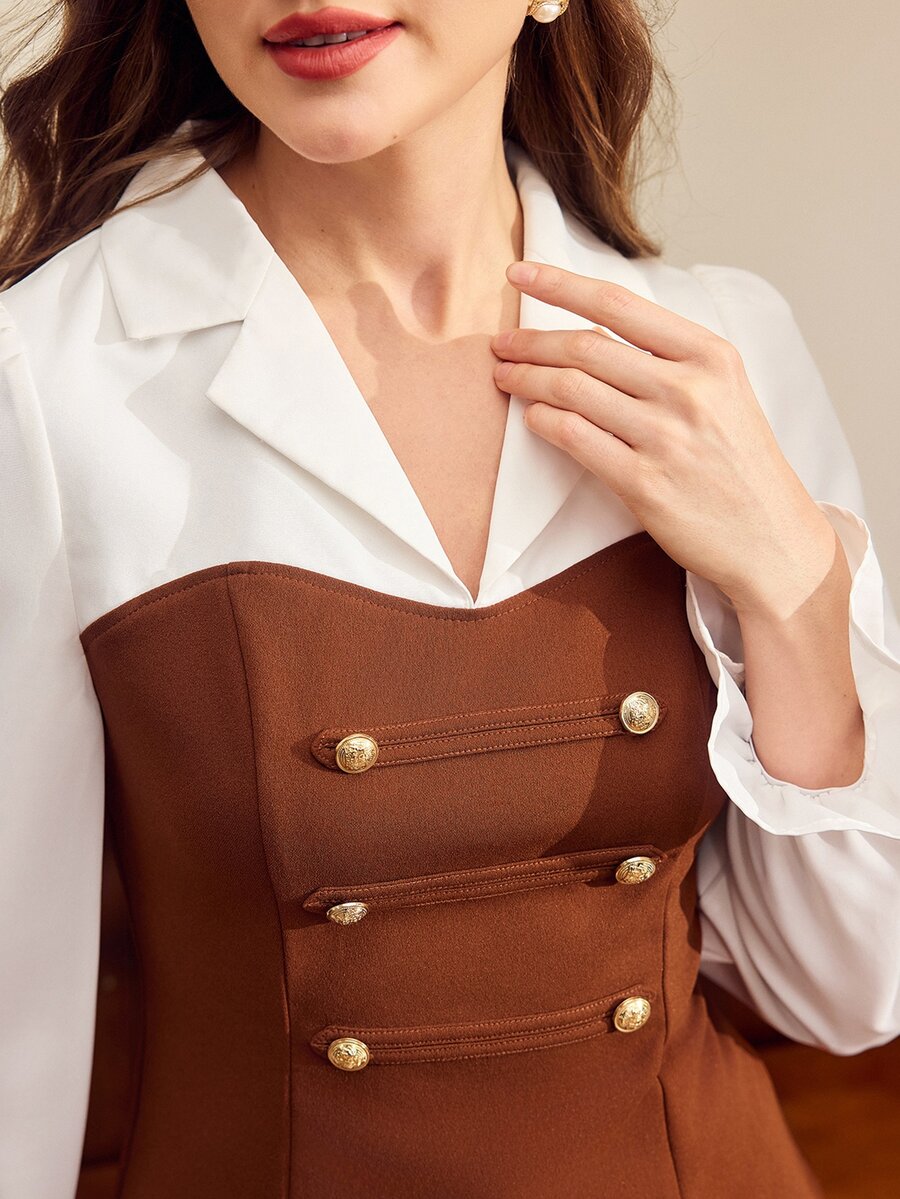 Vintamour Women's Lapel Contrast Color Patchwork Napoleon Style Double-Breasted Waist-Cinched Slimming Long Sleeve Top - Brown - View 1