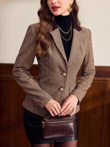Vintamour Vintage Elegant Women's Autumn/Winter Wool Houndstooth Colorblock Patchwork Button Blazer Jacket, Casual Commute Vacation Holiday - Brown - View 4