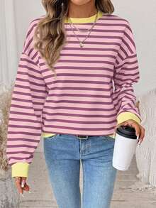 SHEIN LUNE 休閒極簡復古優雅通勤百搭暖粉色條紋印花女款圓領長袖寬鬆夏季衛衣，沙灘度假穿搭 - 白色 - 查看 1
