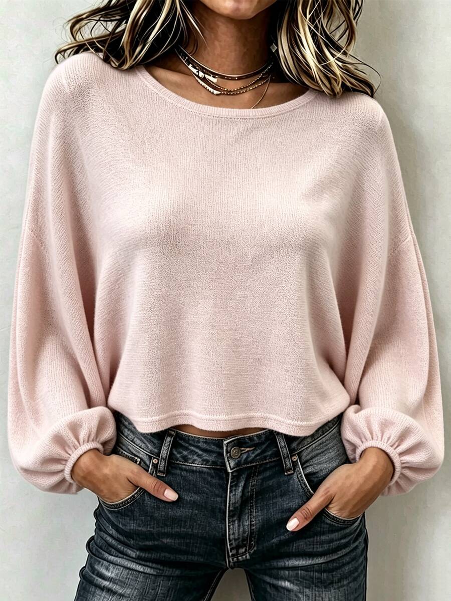 SHEIN 女款圓領花瓣袖粉色甜美休閒毛衣 - 淺粉色 - 查看 1