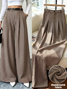 GlowEve Women's Plaid Pleated Casual Versatile Daily Wear Long Pants - Brown - View 1