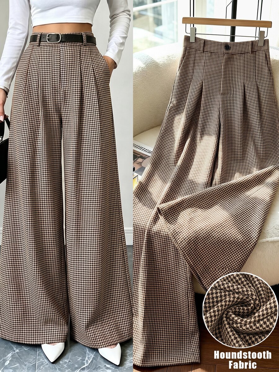 GlowEve Women's Plaid Pleated Casual Versatile Daily Wear Long Pants - Brown - View 1