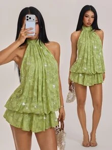 SHEIN PETITE Women's Solid Color Beaded Cold Shoulder Mini Dress - Green - View 1
