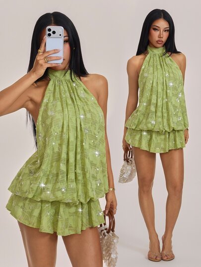 SHEIN PETITE Robe mini à épaules dénudées avec perles de couleur unie pour femmes