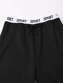 Sparklyn 青少年女孩字母印花抽繩高腰寬腿運動褲街頭風休閒熱銷款 - 黑色 - 查看 5
