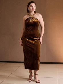 MOTF PREMIUM PLUS SIZE VELVET HALTER NECK FITTED WAIST PARTY DRESS, AUTUMN/WINTER - Coffee Brown - View 6