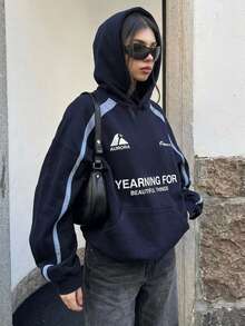 DAZY 女款深藍色連帽字母印花拼色條紋寬鬆落肩長袖休閒運動衛衣 - 藏蓝色 - 查看 5