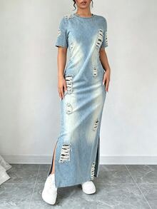 Elenzga Plus Size Women's Round Neck Split Hem Solid Color Short Sleeve Dress Maxi Women Outfit - Multicolor - View 5