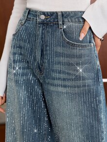 Anewsta Women's Wide Leg Loose Casual Denim Jeans With Pockets And Rhinestone Star Pattern - Blue - View 5