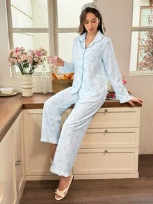 Snug Reverie Bubble Crinkle Bow Polka Dot Print Ruffle Sleeve Long Sleeve Pants Pajama Set - Baby Blue - View 7