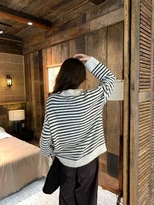 DAZY Women's Collared Striped Long Sleeve Casual Sweater, Autumn/Winter, Style - Black and White - View 2