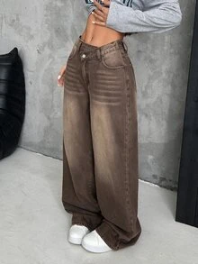 SHEIN Tall 女款街頭風交叉腰釦口袋寬鬆牛仔褲 - 棕色 - 查看 3