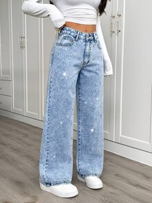 SHEIN PETITE CURVE Celana Jeans Denim Ukuran Besar dengan Saku, Kancing, dan Resleting untuk Musim Gugur/Dingin (Format, Bisnis, Chic, Basic, Goth, Halloween, Natal, Festival) PETITE CURVE Payet dan Rhinestone - Biru - View 2