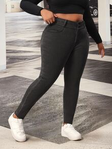 SHEIN PETITE CURVE بنطال جينز ضيق بخصر عالي بلون موحد للنساء بمقاسات كبيرة - الأسود - مشاهدة 3