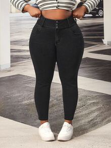 SHEIN Tall CURVE بنطلون جينز ضيق للنساء بمقاسات كبيرة - الأسود - مشاهدة 1