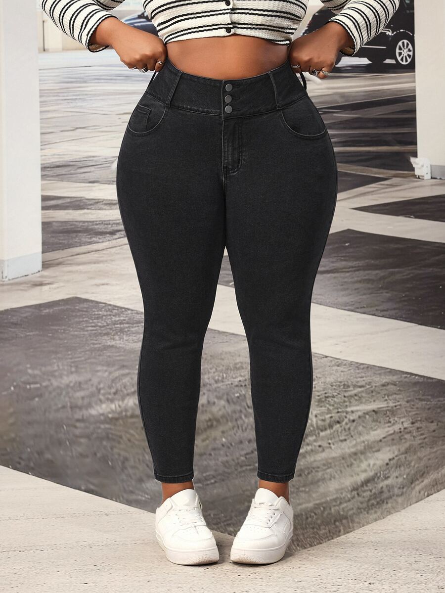 SHEIN Tall CURVE بنطلون جينز ضيق للنساء بمقاسات كبيرة - الأسود - مشاهدة 1