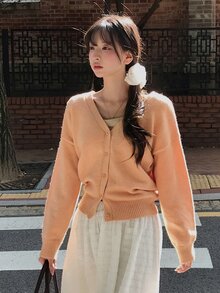 DAZY Women's Solid Color Loose Long Sleeve V-Neck Casual Vacation Korean Style Autumn/Winter Knit Cardigan - Coral Pink - View 3