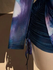 SHEIN ICON 大尺碼 Y2K 復古度假套裝，復古豹紋花卉網格印花套裝，抹胸上衣、抽繩裙、罩衫 3 件套，海灘度假，夏季度假 - 藍色 - 查看 8